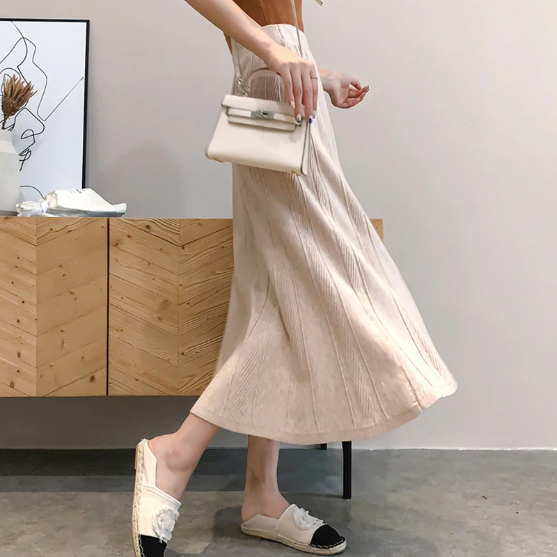 Модные черные, абрикосовые зимние длинные юбки для женщин юбки с высокой талией полосатые, скрученные, плиссированные вязаные юбки женские jupe femme