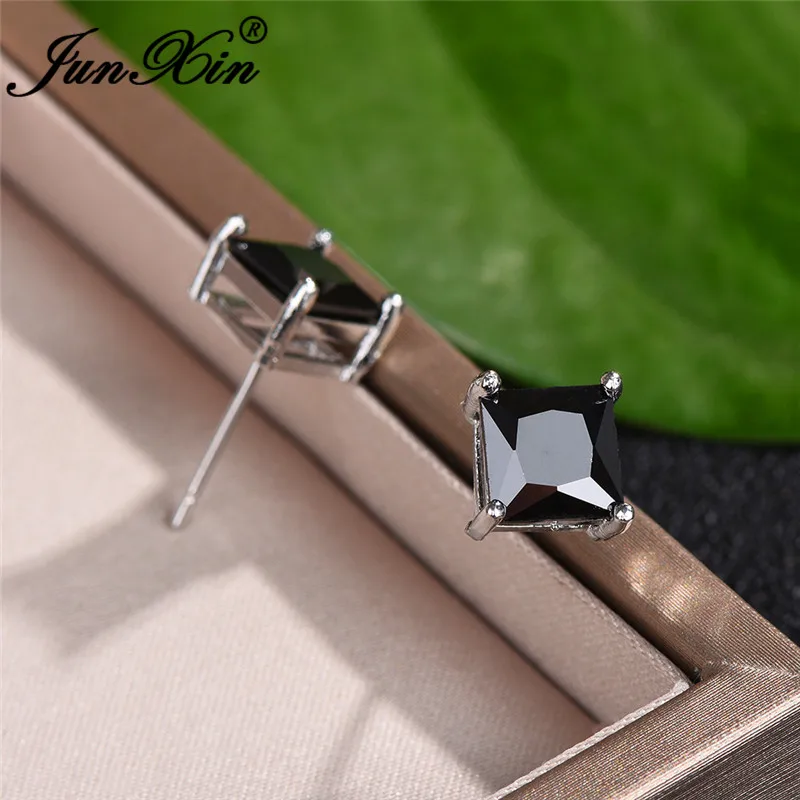 Vintage Mens Black Stone Square Earrings Simple Stacking Differ Sizes Zircon Crystal Wedding Stud Earrings For Men Women
