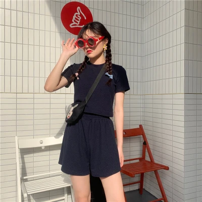 2P black T-shirt Set Комплект из двух предметов, розовый наряд, два топа и штаны, свободные байкерские шорты+ Спортивная футболка, комплект из 3 предметов, спортивный костюм, летняя одежда для женщин - Цвет: 2P black T-shirt Set