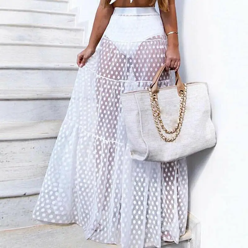 

Summer Beach Bohemian Maxi Skirts Women Polka Dot Sexy See Through Mesh Bikini High Waist Skirt Casual Party Sundress Skirt 7
