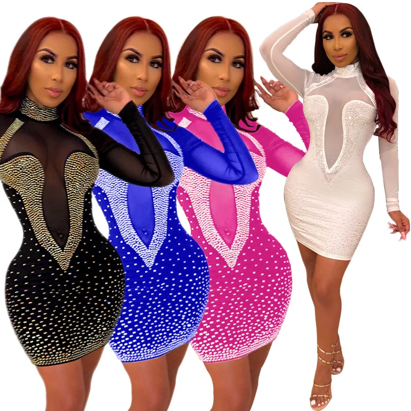 

2020 Autumn New Dress European and American Women's Hot Drilling Sexy Mesh Nightclub Dress for Women