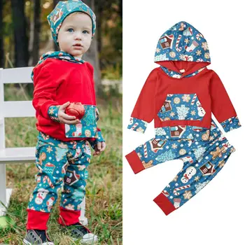 

Toddler Kids Baby Boy Xmas Clothes Outfits Long Sleeve Hooded Sweatshirts Long Pants Printed 2Pcs Kids Boy Cotton Xmas Sets 0-3Y