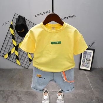 

2PCS WLG Boys Casual Clothes Kids Summer White Yellow Purple Short Sleeve T Shirt and Denim Blue Short Set Baby Boy Outfits