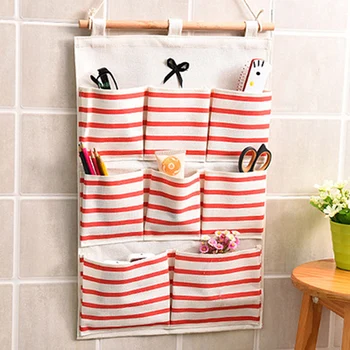 

Multi-pockets Striped Wall Hanging Linen Cotton Storage Bag Bathroom Shelf Pouch PR Sale