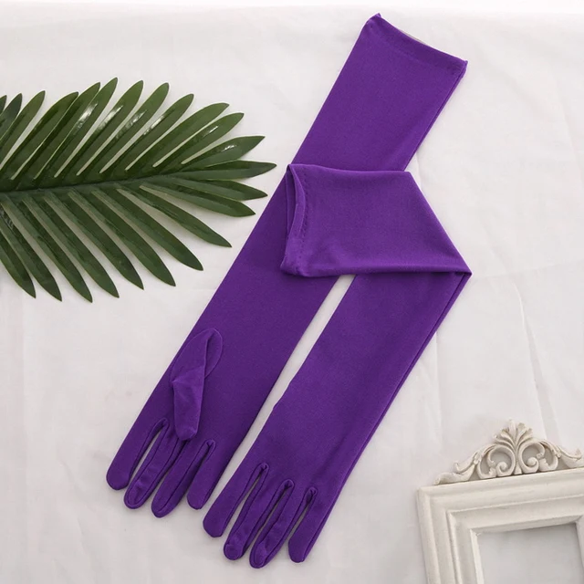 Stretch Satin White Glove Long Bridal Gloves Black Red Elbow Length Women Dance Party Wedding Gloves Full Finger Guantes Boda Purple