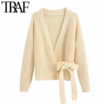 

TRAF Women Fashion Cropped Knitted Cardigan Sweater Vintage Tie Belt V Neck Long Sleeve Female Outerwear Chic Tops
