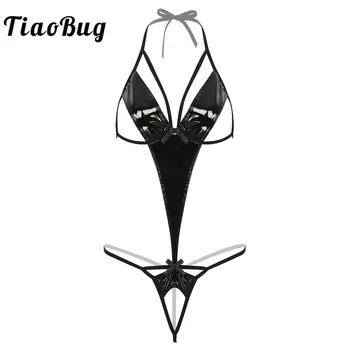 

TiaoBug Sexy Women Wet Look Black Patent Leather Lingerie Elastic Halter Crotchless Mini G-string Bodysuit Open Cups Nightwear