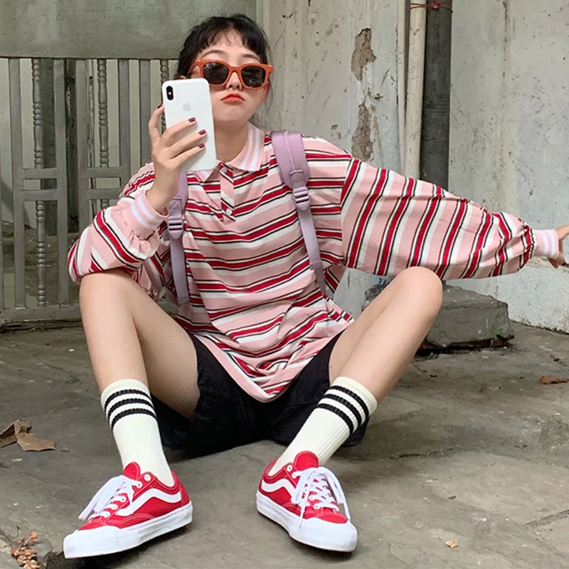 Tops women ins sweet lapels striped long sleeves summer Korean fashion loose oversize sets of Harajuku BF casual women T-shirt