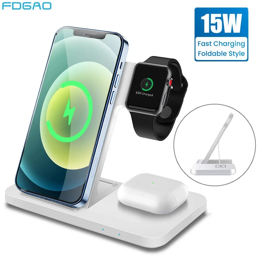 3 in 1 Qi 15W Fast Wireless Charger Dock Station For Airpods pro Apple Watch 6 5 4 3 2 Charger Stand For iPhone 12 11 XR XS X 8