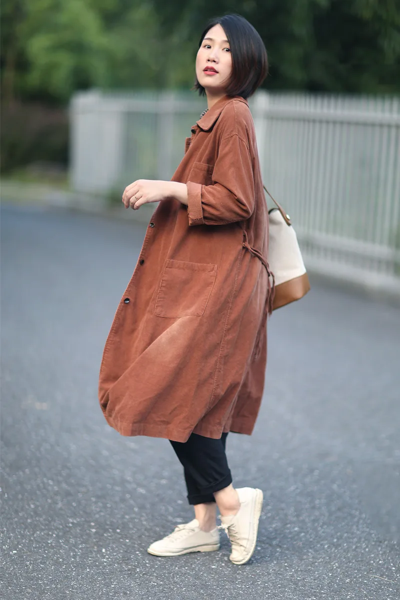 Su Yi Lane Retro Corduroy Mid-length Workwear Pocket Peter Pan Collar Shirt Coat Trench Coat Women's Lower Back Lace-up Autumn