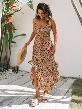 

2020 New women dress Spring summer dresses Irregular leopard print single-breasted ruffled halter spaghetti strap dress