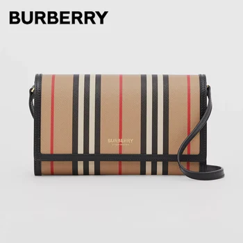 

BURBERRY Icon Stripe E-Canvas Wallet Bags Embossed Lettering Detachable Leather Strap Crossbody Shoulder Bags For Women 80260041