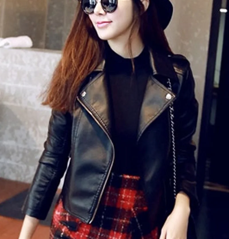 Fashion Office Lady Women Faux Leather Jacket Slim Solid PU Jackets and Coats Turn-down Collar Streetwear