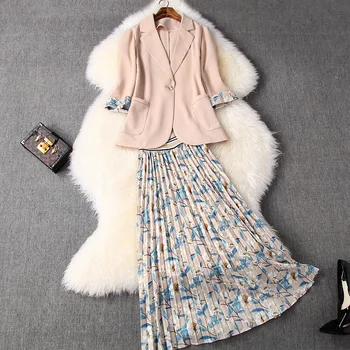 

Skirt Suits For Women 2020 Spring Summer Single Button Notched Collar Jacket Blazer + Elastic Waist Printed Pleated Skirt Set