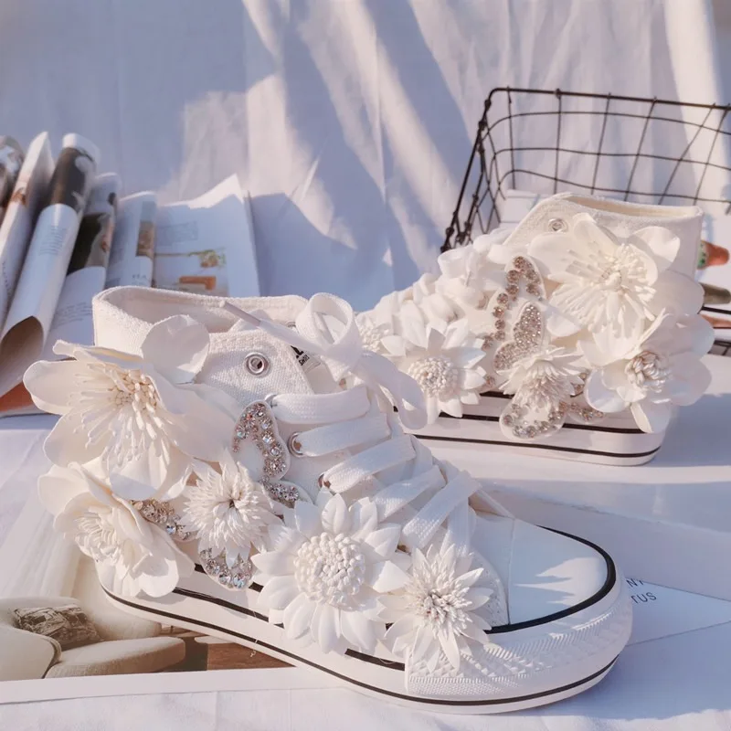 Original Butterfly Flower High-top Canvas Shoes Sweet Lace-up Women's Shoes White Inner Height-increasing Vulcanized Shoes