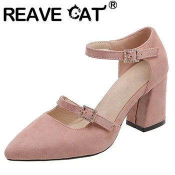 

REAVE CAT Female Summer Concise Pumps Pointed Toe 7.5cm Hoof Heels Flock Straight buckle Rhinestone Big size 32-48 Date S1895