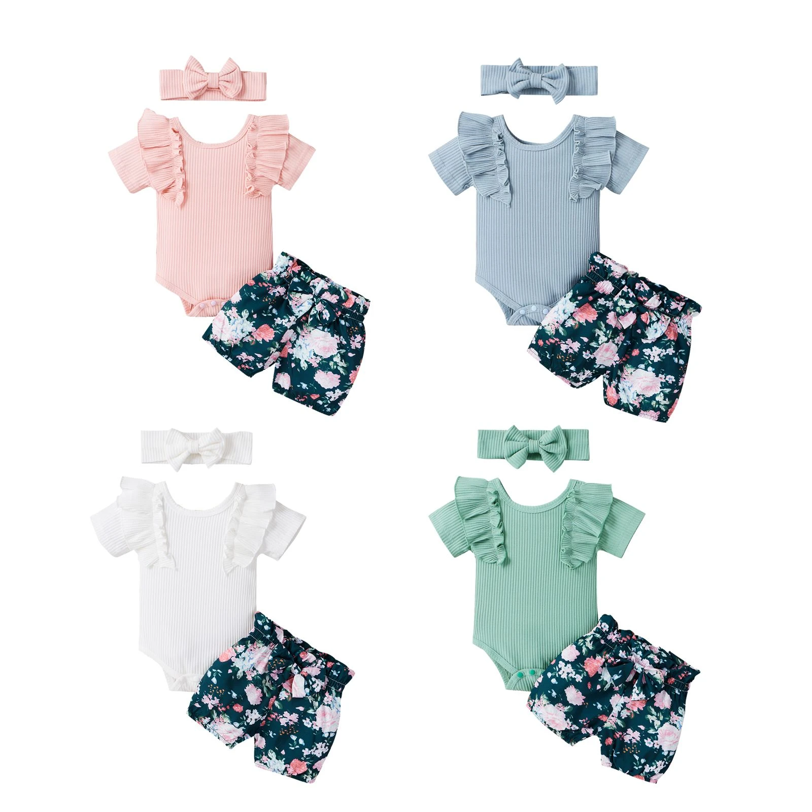 Baby Clothing Set discount FOCUSNORM 0-18M Summer Cute Baby Girls Clothes Sets 3pcs Ruffles Short Sleeve Romper Floral Shorts Headband Baby Clothing Set luxury