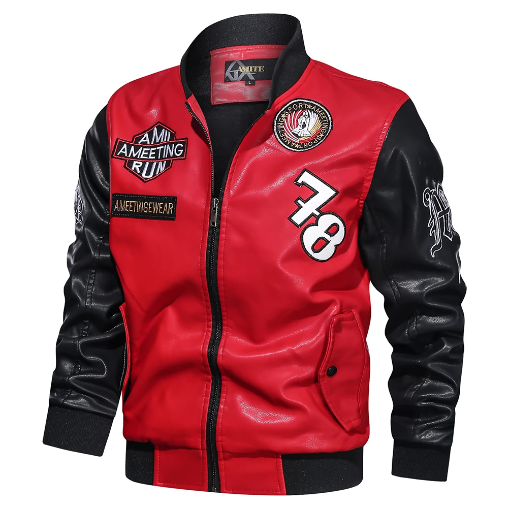 Men's Embroidery Leather Jacket 2021 New Men Stand Collar Baseball Uniform Jackets Coat Male Winter Warm Bomber Coats Outerwear motorcycle leather jackets