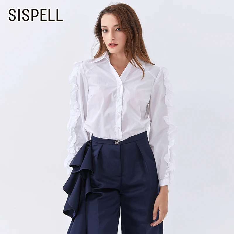 

SISPELL Patchwork Ruffle Women's Blouse Shirt Lapel Collar Long Sleeve Loose Plus Size For Female Shirts 2020 Fashion Tide