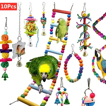 

10Pcs Parrots Toys Bird Swing Chewing Hammock Bell Toys Parrot Cage Toy Bird Perch with Wood Beads Hanging for Small Parakeets