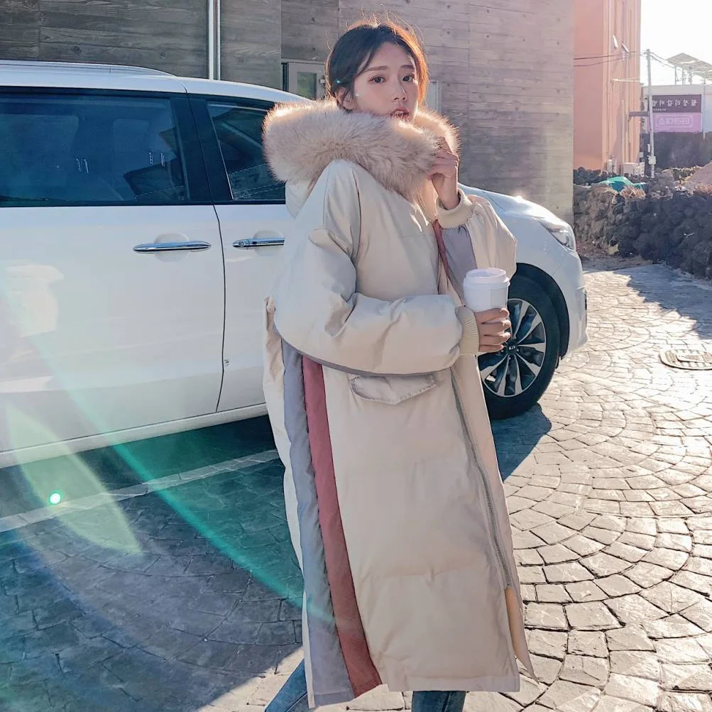 

2019 Korean-style New Style Sweet Cream Apricot over-the-Knee down Coat Loose-Fit Hooded Large Fur Collar Joint Cotton-padded Cl