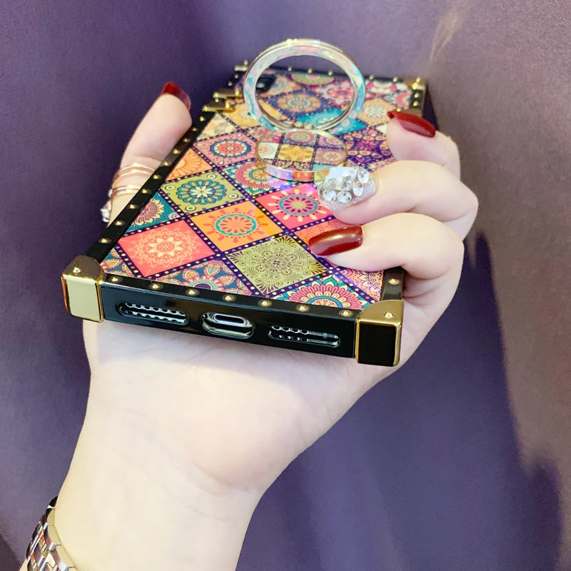 Case For iPhone Xr Xs Max Cover Blue Ray Square Rivet Chinese Style Girly Shiny Ring Stand Case For iPhone X Xs 7 8 Plus 6S Case (6)