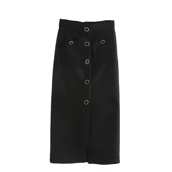 

Women Stylish Tweed Midi Skirt Front Split High Waist Buttons Decorate Female Retro Casual Skirts Mujer