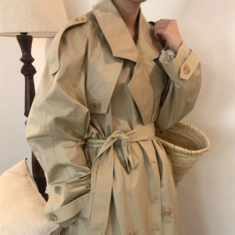 Ladies Autumn Lapel Double Breasted Trench Coat Leisure Belt Long Trench Coat