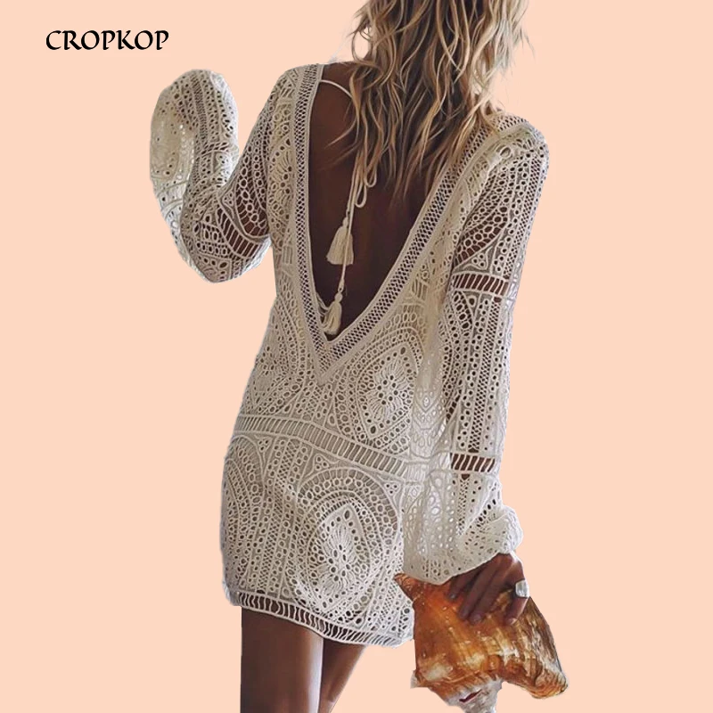 

Sexy Hollow Out Women Dress Loose Backless Mini Ladies Summer Dress 2019 Deep V Neck Beach Short Clothes Sundress Vestido Mujer