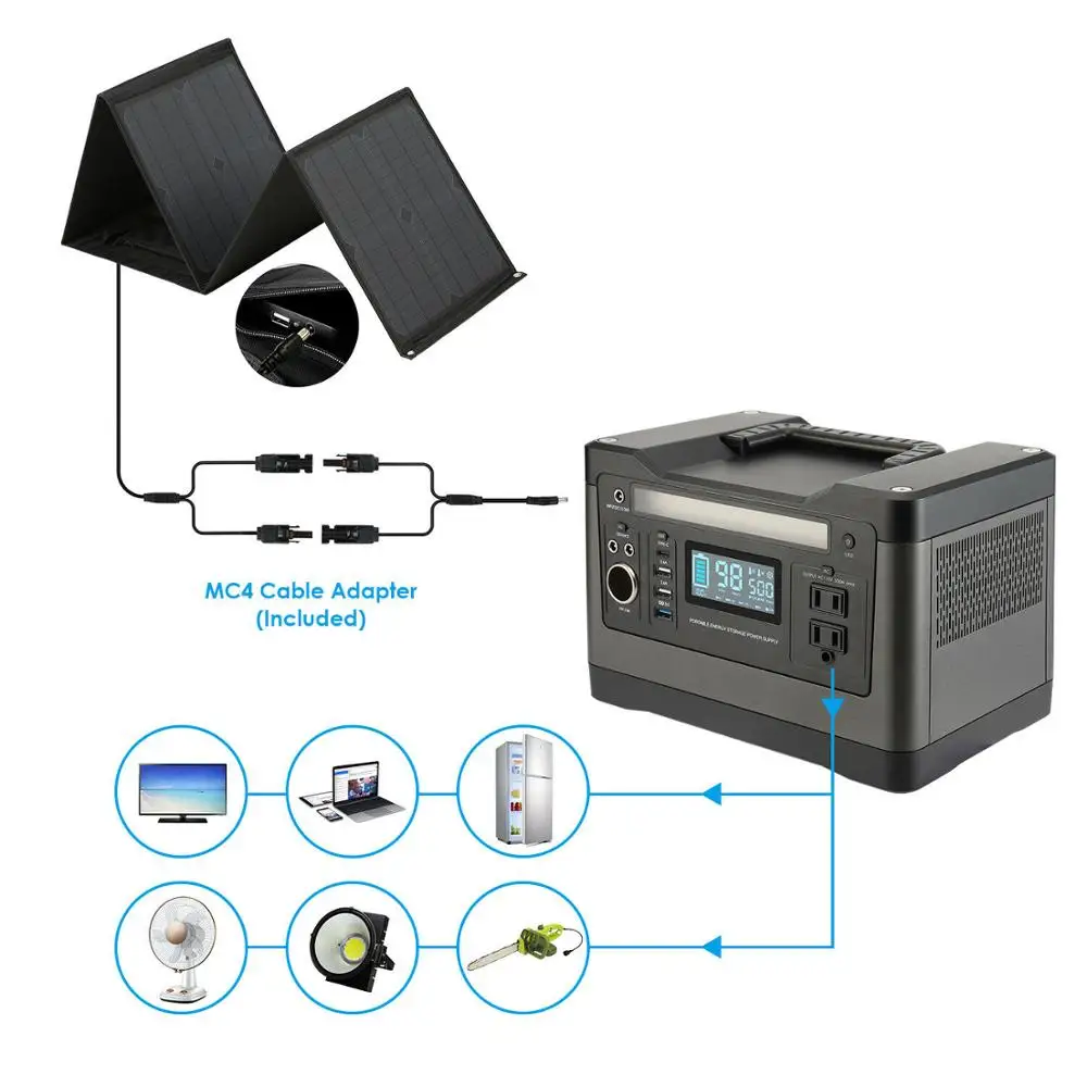 

Power Solar Generator 540Wh 1000W Peak Portable Power Station UPS Lithium Battery Back Up Power Supply Emergency with AC Outlet