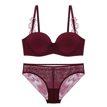 

pure color solid embroidery bride bra and panty set deep-v push up sexy lingerie women bra sets 1/2 cup thicken girls underwear