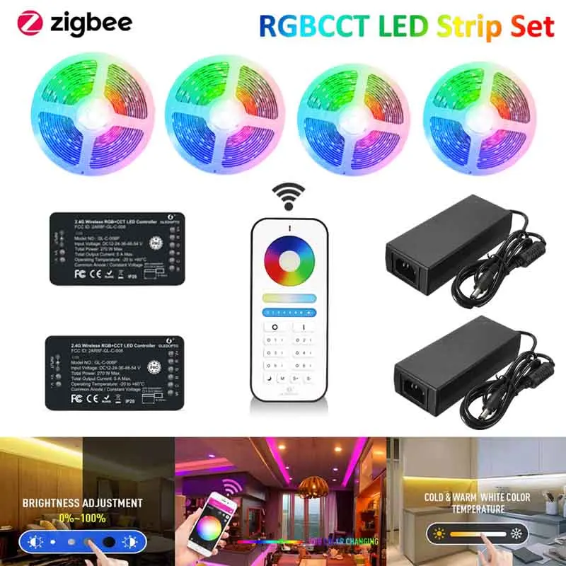 GLEDOPTO Zigbee 3.0 RGBCW Pro Controller+2.4G RF Remote DC12V 5050 RGBCCT LED Strip Light Kit For Hu-e Echo Plus 10m 20m 30m 40m