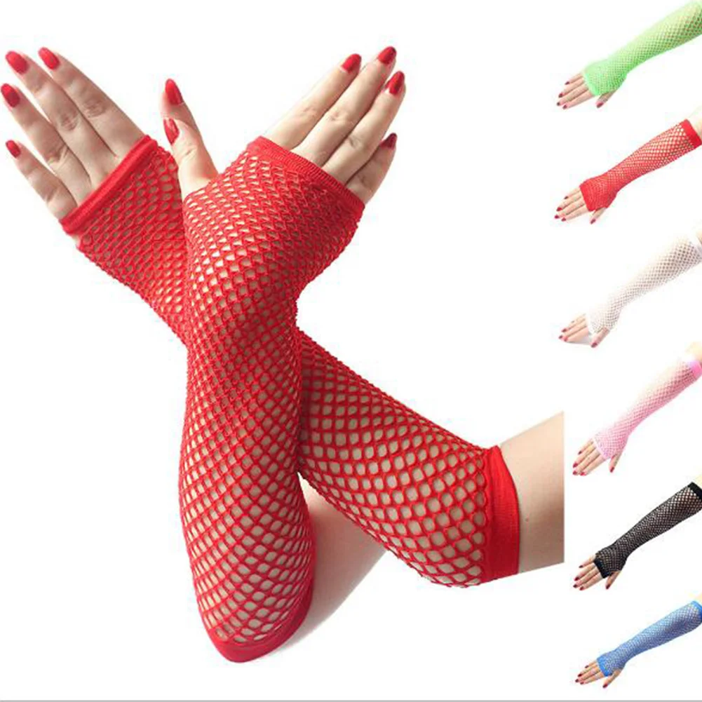 Tanie Damskie neonowe seksowne rękawiczki długie rękawiczki bez palców kabaretki koronkowe