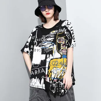 

Johnature New Creativity Print Fashion T-Shirts Women 2020 Summer Casaul Loose O-neck Short Sleeve Irregular Female Tops