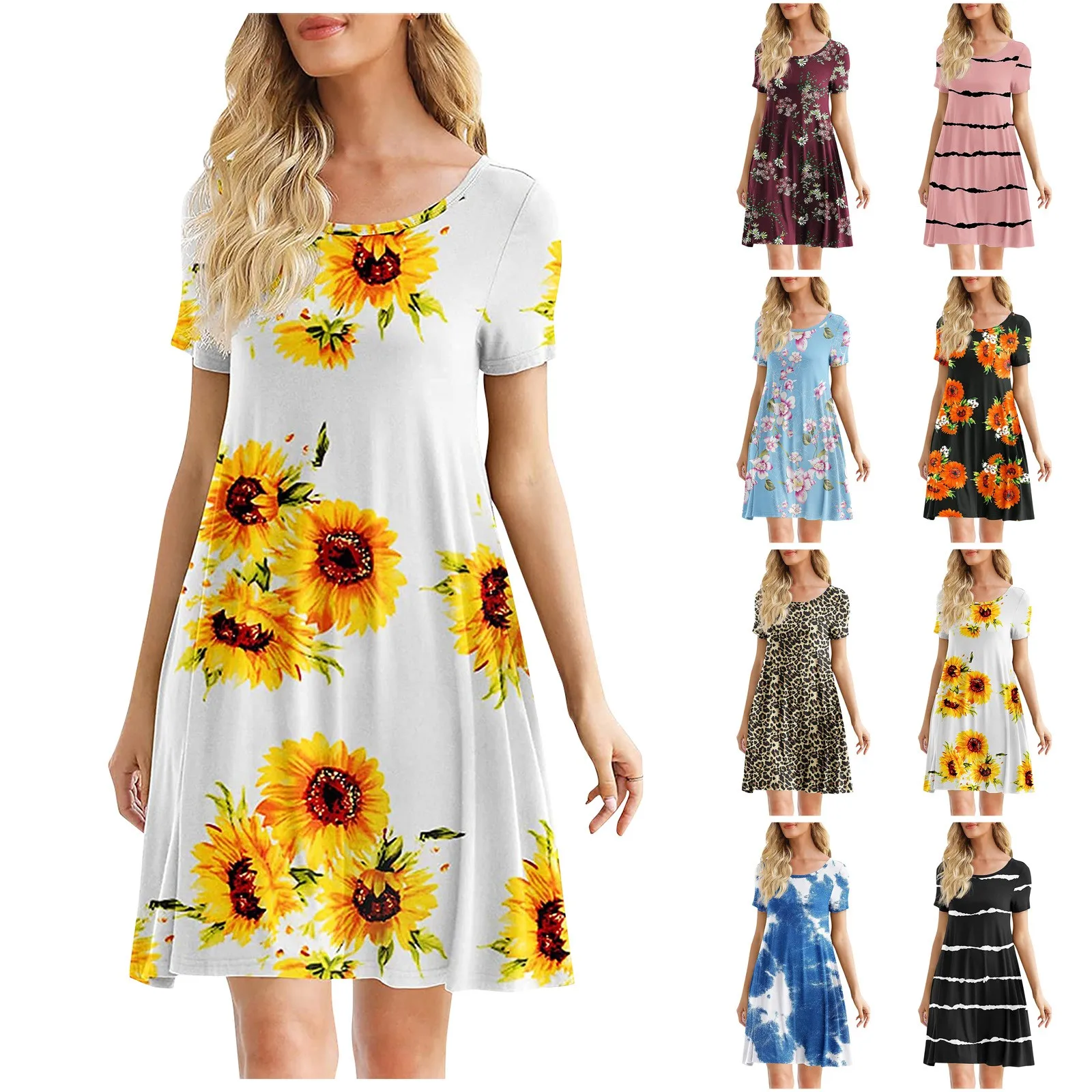 Summer Women's Floral Printing Dress Casual Round Neck Short Sleeve Pocket Dress 2021 Fashion Loose Mid-length Vestido femme 1