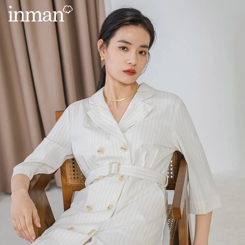 

INMAN 2020 Spring New Arrival Literary Daily Commuting Lapel Double-breasted Match Belt Medium Sleeve Dress