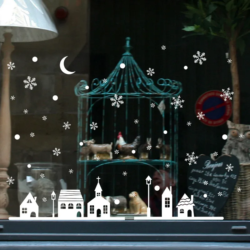 Рождественский магазин окно украшение стены стикеры, рождественские снежинки город дома наклейки украшения год обои