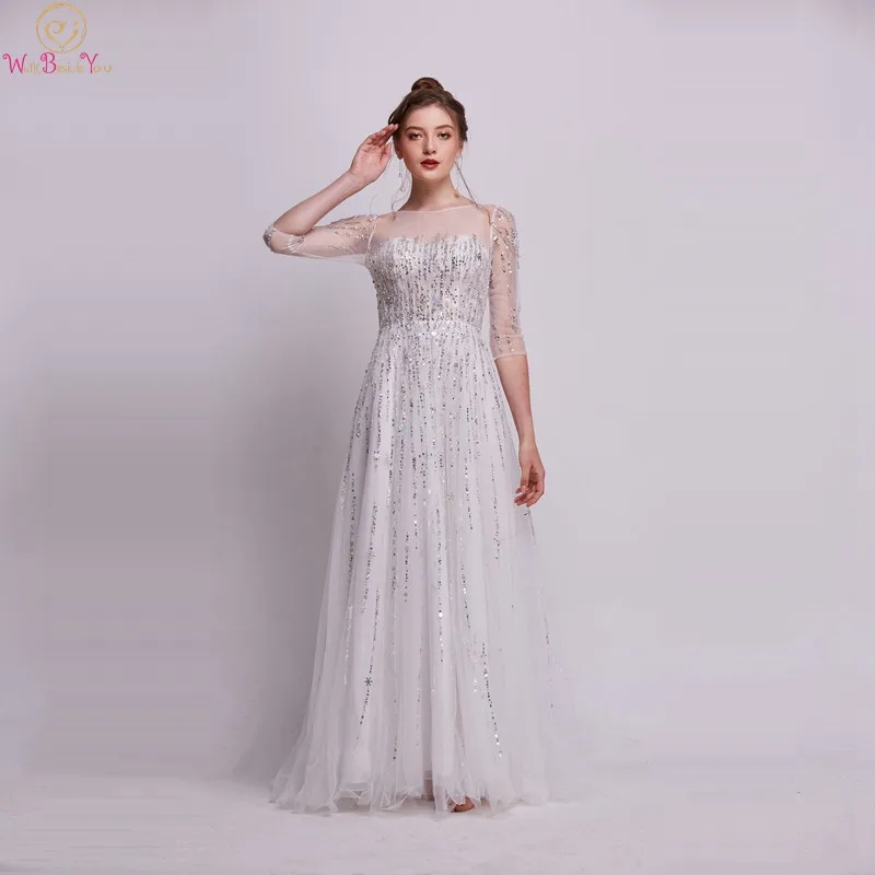 

A-Line Formal Party Prom Dresses 2019 O Neck Three Quarter Sleeves Luxury Beading Sequined Long vestidos de gala Evening Gowns