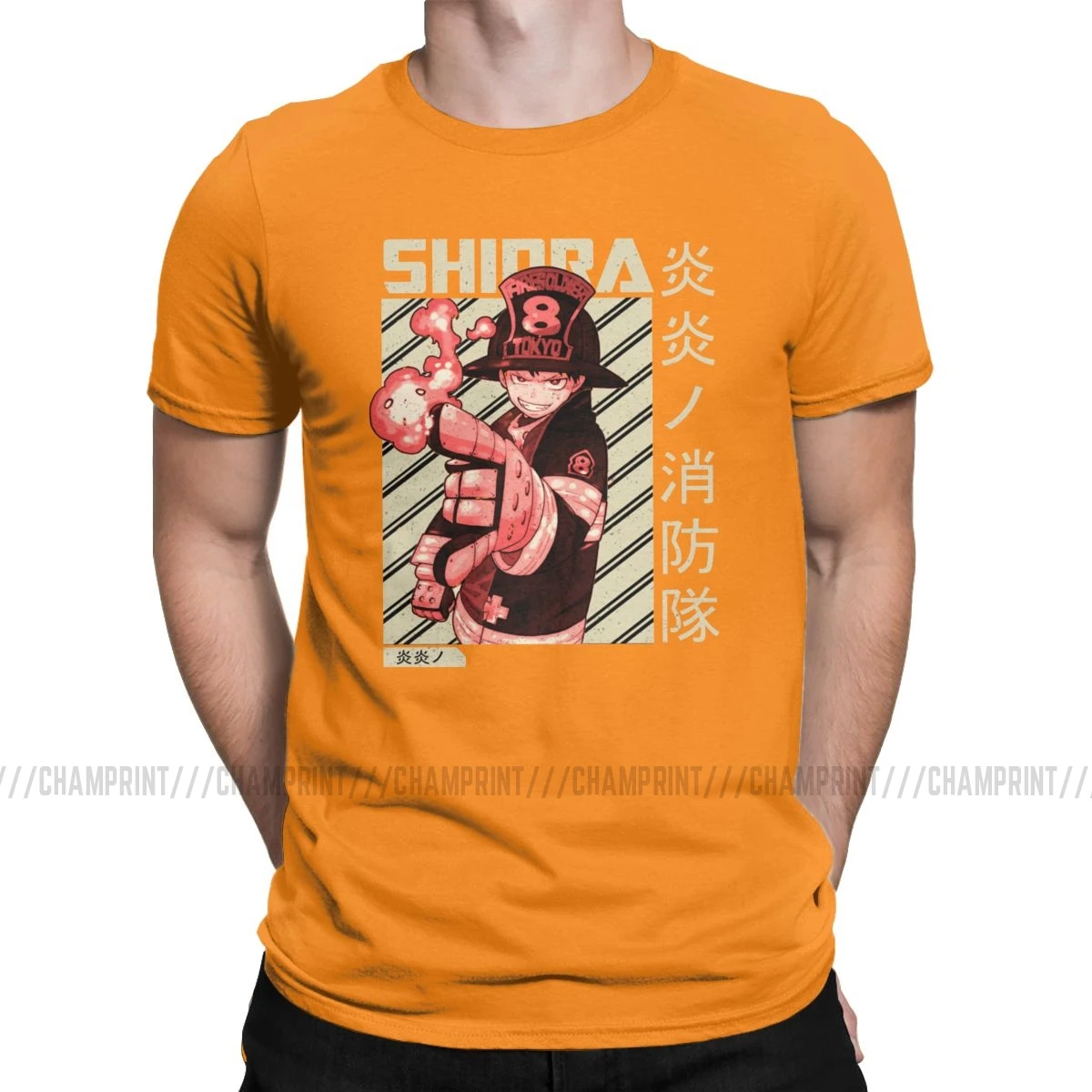 Мужские футболки Shinra Fire Force, аниме, модная футболка, короткий рукав, пожарный герой, футболки, вырез лодочкой, одежда, большой размер - Цвет: Оранжевый