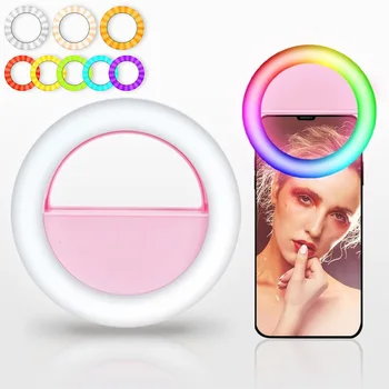 

LED RGB Clip on Selfie Ring Light Rechargeable Battery ringlight for Smart Phone Camera Round Shape lighting hoops light ring