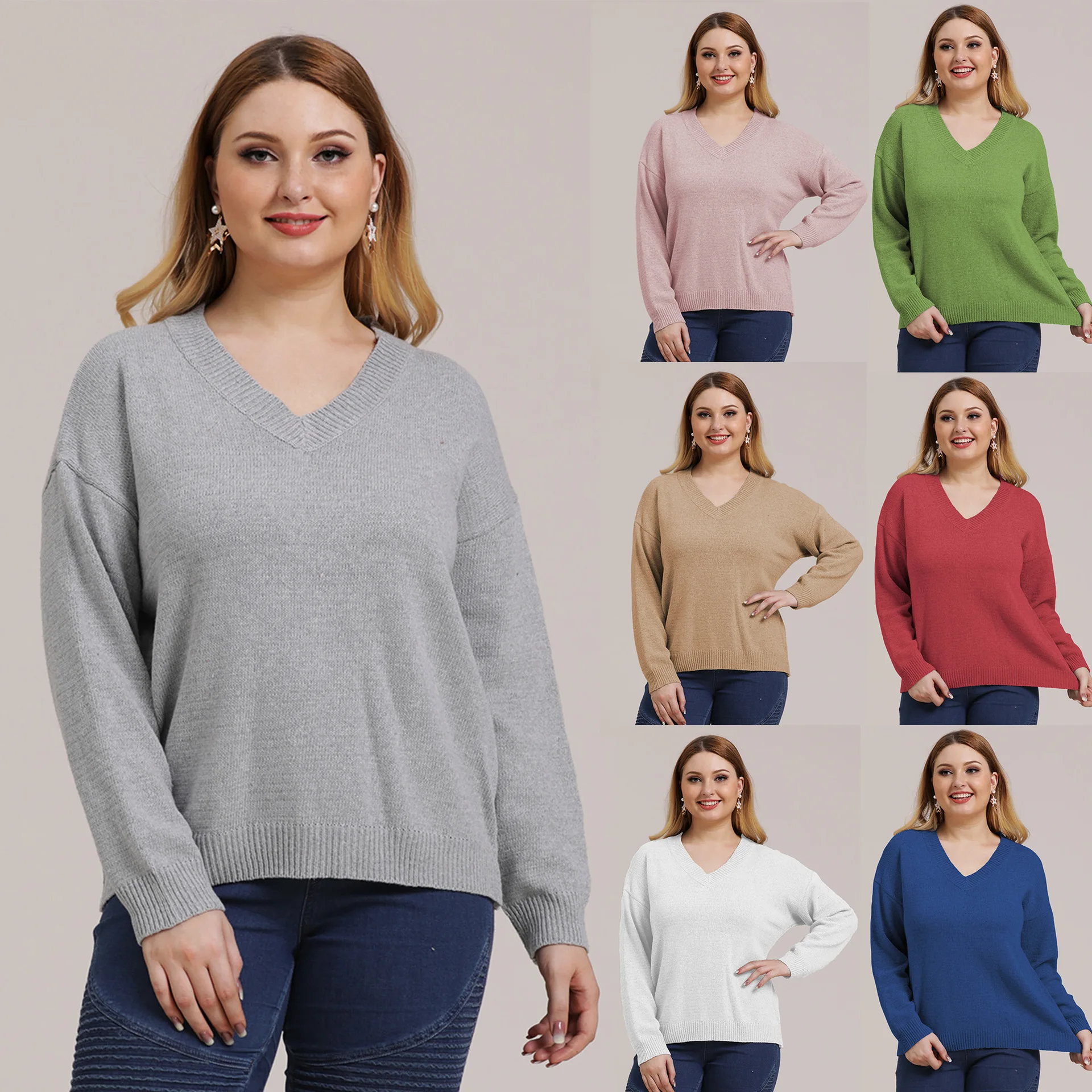 

Large Size Women's Clothing Solid Color Simple Woven V Neck Pullover Sweater Long Sleeve Thermal Top