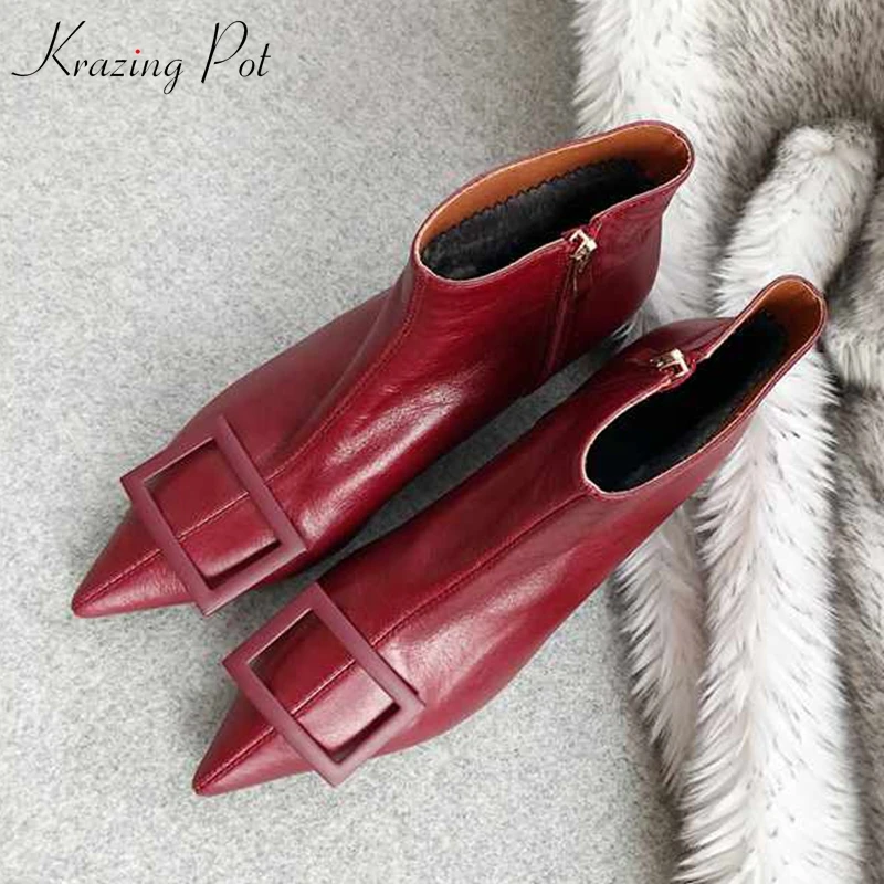 Krazing pot/натуральная кожа; обувь «Челси» в уличном стиле для свиданий, большие размеры с острым носом на среднем каблуке металлическая застежка ботильоны L50
