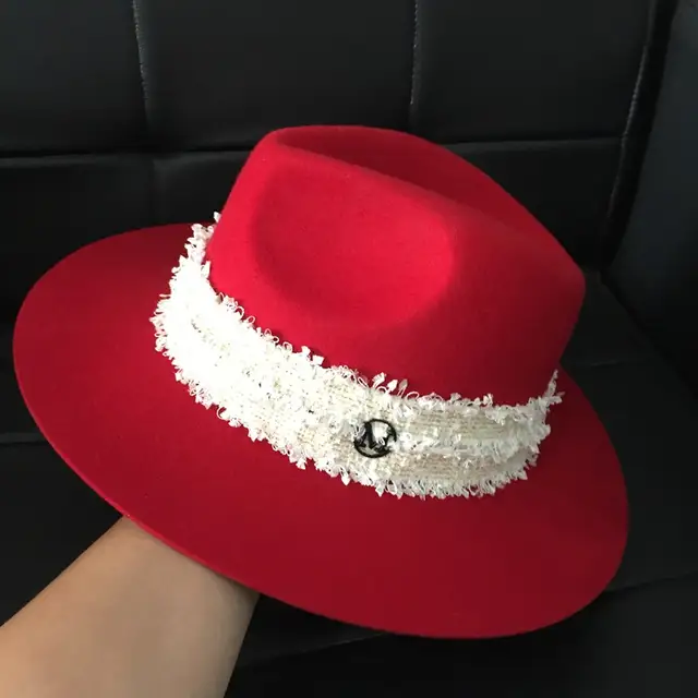 red wide brim felt hat