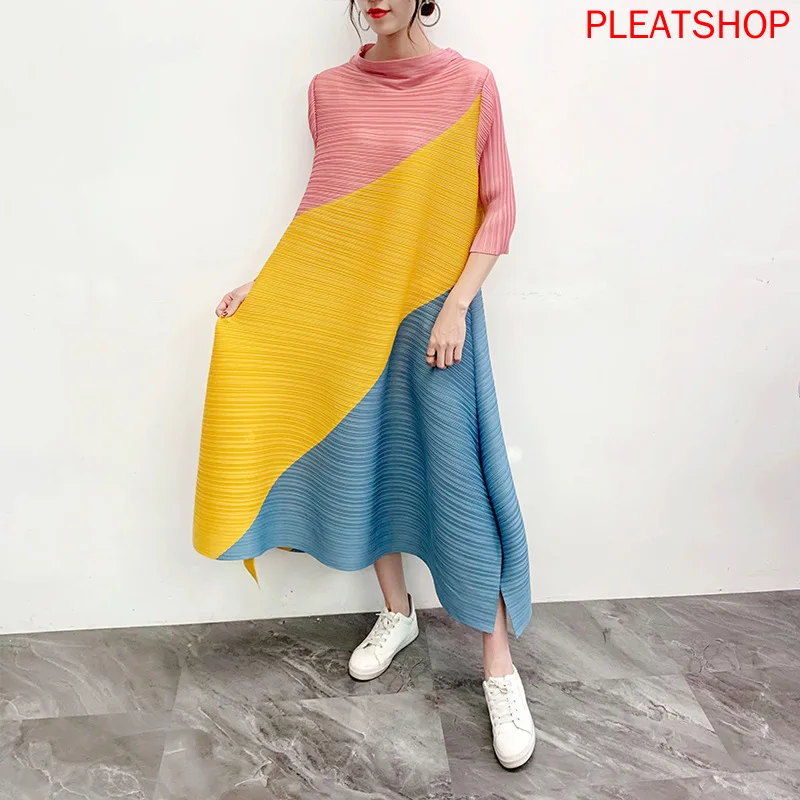 

Miyake Pleated Dress Spring And Summer New Style Mixed Colors Pleat Long Dresses Loose And Plus-sized WOMENS Dress elegant