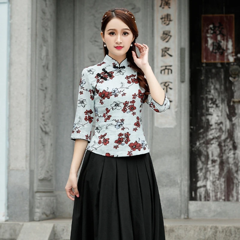Учебный стиль для женщин с длинными рукавами белый Qipao сломанные цветы Улучшенный чёнсам Тан костюм рубашка женская повседневная одежда рубашка