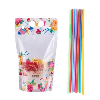 

1set Summer Drink Bag Disposable Beverage Squeeze Pouches Portable Transparent Juice Pouch With Drinking Straws
