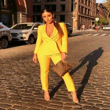 Costume 2 pièces jaune pour femmes, pantalon d'affaires, Slim Fit, vêtements de travail, col en v, Blazer croisé