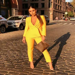 2 peças femininas amarelo calças terno negócios fino ajuste trabalho wear com decote em v duplo breasted blazer