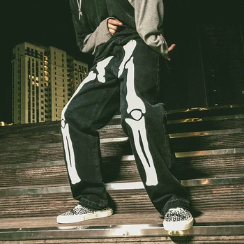 

Men Wide Leg Jeans Male Streetwear Hip Hop Reflective Bone Patterns Loose Casual Punk Gothic Harem Denim Pants Trousers