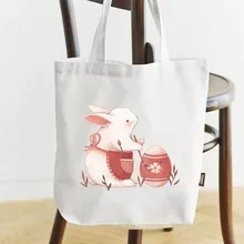 Women's Tote Bag Cute Cartoon RabbitPattern Series Shopping Bag Reusable Black Fashion Canvas Shopper Bag Pures and Bags